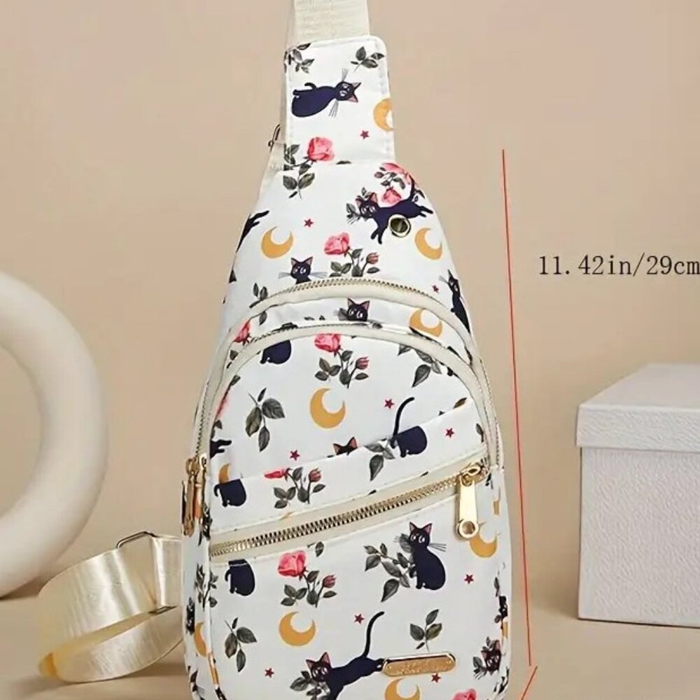 White Floral & Cat Print Sling Backpack